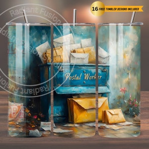 Diseño de sublimación para envoltorio de vaso delgado de 20 oz de trabajador postal, lindo collage de sellos y cartas de cartero, descarga digital PNG con acuarela