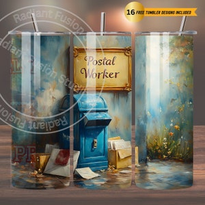 Diseño de sublimación para envoltorio de vaso delgado de 20 oz de trabajador postal, lindo collage de sellos y cartas de cartero, descarga digital PNG con acuarela