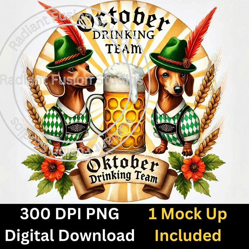 May include: Two dachshund dogs wearing traditional German outfits, holding a stein of beer. The text "Oktober Drinking Team" is on a banner below the dogs.