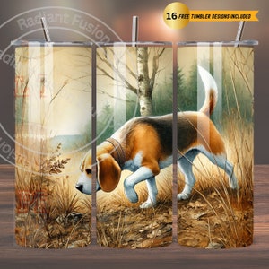 May include: A brown and white beagle dog with a leather collar is sniffing the ground in a forest setting. The dog is in the center of the image, with trees and foliage in the background. The image is a digital illustration.