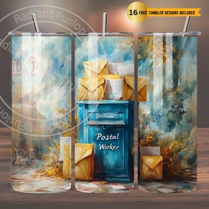 Postal Worker 20 oz Skinny Tumbler Wrap Sublimation Design, Cute Mail Carrier Letter Stamp Collage, Digital Download PNG Watercolor