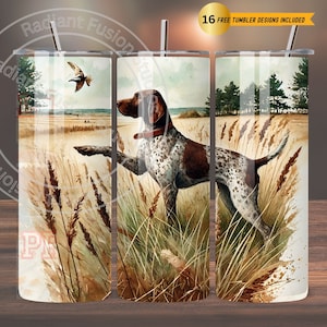 May include: A watercolor illustration of a German Shorthaired Pointer dog standing in a field of tall grass. The dog is pointing its nose towards the right side of the image, as if it is hunting. The dog is brown and white with a black collar. The background is a watercolor painting of a field with tall grass and trees in the distance.