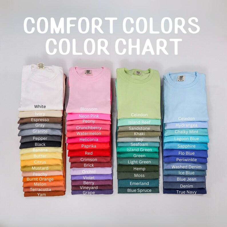 May include: A colour chart displaying 24 different shades of t-shirts. The colours are organised in columns, with each column representing a different hue. The colours include white, ivory, espresso, grey, granite, pepper, black, banana, butter, citrus, mustard, peachy, burnt orange, melon, terracotta, yam, blossom, neon pink, peony, crunchberry, watermelon, heliconia, paprika, red, crimson, brick, orchid, violet, berry, vineyard, grape, celadon, island reef, sandstone, khaki, bay, seafoam, island green, green, light green, hemp, moss, emerald, blue spruce, celadon, hydrangea, chalky mint, lagoon blue, sapphire, flo blue, periwinkle, washed denim, ice blue, blue jean, denim, and true navy.