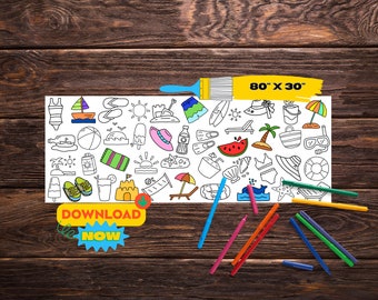 Giant Coloring Banner Summer Vacation | Big Printable Coloring Page | Coloring Activity Tablecloth