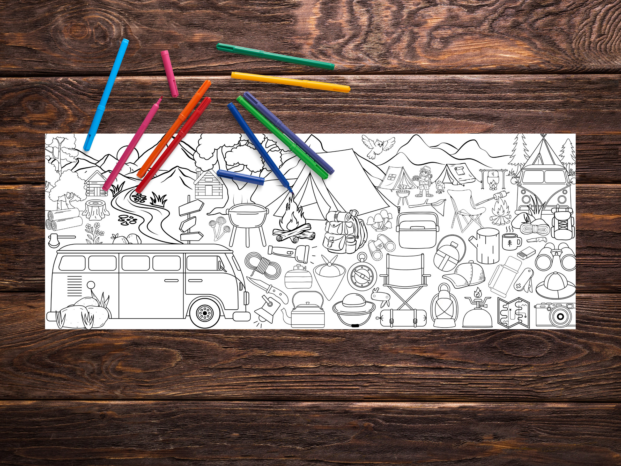 Camping Giant Coloring Banner| Big Printable Coloring Page | Birthday ...