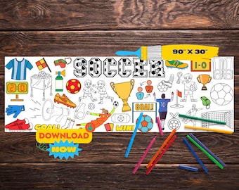 Voetbal gigantische kleurbanner | Grote afdrukbare kleurplaat | Verjaardag papieren tafelloper voor kinderen