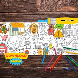 Farm Giant Coloring Banner| Big Printable Coloring Page | Birthday Activity for Kids | Paper Table Runner