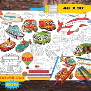 Travel & Transportation Giant Coloring Page | Printable Coloring Tablecloth | Digital Poster for Kids