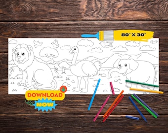 Pancarta para colorear de animales de safari / Página para colorear grande para imprimir / Camino de mesa de papel para niños