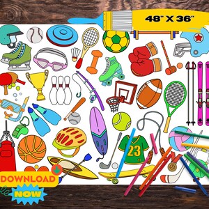 Sports Giant Coloring Page | Printable Coloring Tablecloth | Digital Poster for Kids