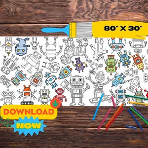 Robots Giant Coloring Banner | Big Printable Coloring Page | Birthday Activity for Kids | Party Paper Table Runner