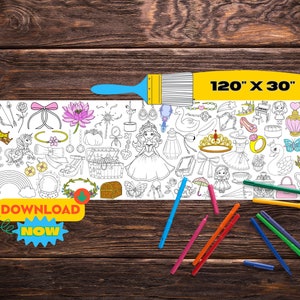 May include: A black and white printable coloring page featuring a princess theme with a variety of images including a crown, a swan, a carriage, a castle, a rainbow, a chest, a butterfly, a unicorn, a mirror, a flower, a wand, a shoe, a dress, a ring, a heart, a teacup, a teapot, and a book. The page is 120 inches by 30 inches. The text "DOWNLOAD NOW" is in a yellow and blue speech bubble.