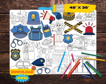 Police Giant Coloring Page | Printable Coloring Tablecloth | Digital Poster for Kids