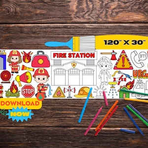 以下が含まれることがあります： 消防署、消防士、消防車を描いた塗り絵の印刷可能なページ。ページは305cm×76cmで、「EXIT」、「FIRE STATION」、「911」、「URGENT」の文字が含まれています。