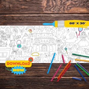 May include: A black and white coloring page featuring a princess castle, a swan, a carriage, and other fairytale elements. The page is 80 inches by 30 inches and is surrounded by colored markers.