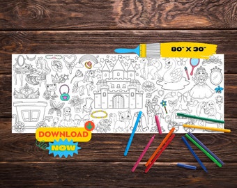 Estandarte gigante para colorear de princesa/ Gran página para colorear imprimible / Actividad de cumpleaños para niños / Camino de mesa de papel