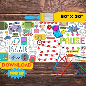Gamer Giant Coloring Banner | Big Printable Coloring Page | Birthday Activity for Kids | Party Paper Table Runner | Video Games Poster