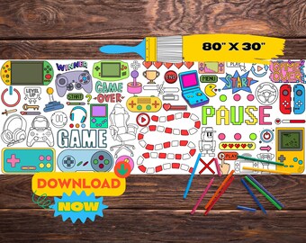 Gamer Giant Coloring Banner | Big Printable Coloring Page | Birthday Activity for Kids | Party Paper Table Runner | Video Games Poster