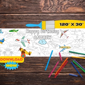 Puede incluir: Una página para colorear imprimible con una pancarta de cumpleaños con el texto "Happy Birthday Andrew" y un diseño de aviones y nubes. La pancarta mide 305 cm por 76 cm.