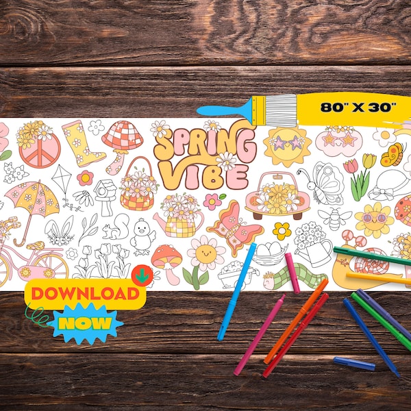 Spring Coloring Banner | Big Printable Coloring Page | Paper Table Runner for Kids