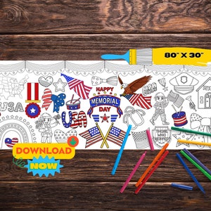Memorial Day Coloring Banner | Big Printable Coloring Page | Paper Table Runner for Kids