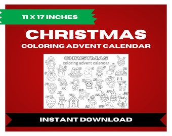 May include: A black and white printable Christmas coloring advent calendar with 25 illustrations of Christmas themed images. The calendar is 11 x 17 inches.