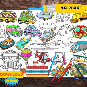 Travel and Transportation Giant Coloring Page | Printable Coloring Tablecloth | Digital Poster for Kids