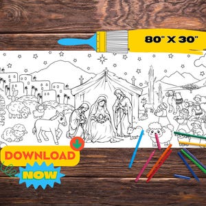 Nativity Scene Giant Coloring Banner | Big Printable Coloring Page | Holiday Coloring Activity | Christmas Table Runner
