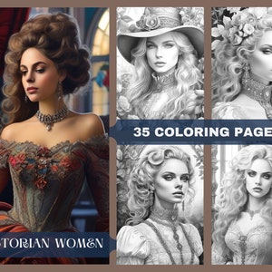 Instant Download Grayscale Coloring Pages Victorian Women Printable Coloring Pages for Adult Coloring Victorian Lady Coloring Art Therapy