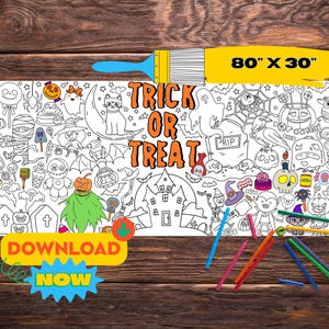 Puede incluir: Una gran página para colorear en blanco y negro con un tema de Halloween con las palabras "Trick or Treat" en el centro. La página mide 80 pulgadas por 30 pulgadas e incluye varios personajes y objetos de Halloween, como fantasmas, calabazas, murciélagos y dulces.
