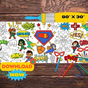 May include: A large coloring page featuring a superhero theme with various characters, speech bubbles, and stars. The page is 80 inches by 30 inches and includes the text "DOWNLOAD NOW".