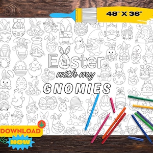 Może przedstawiać: Czarno-biała strona do kolorowania z ilustracjami o tematyce wielkanocnej, w tym gnomy, króliki i jajka. Tekst "Easter with my GNOMIES" jest obecny. Strona do kolorowania ma wymiary 122 cm x 91 cm.