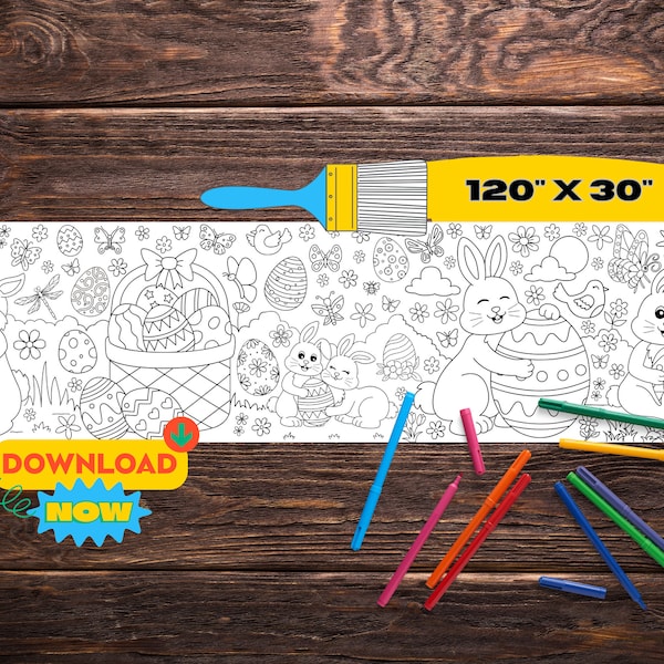 Easter Egg Hunt Coloring Banner | Huge Printable Coloring Page | Activity Table Runner