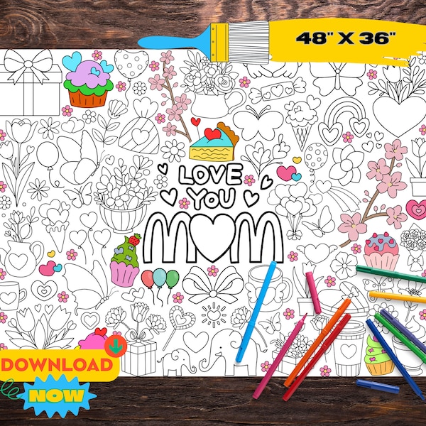 Mother's Day Coloring Poster | Big Printable Coloring Page | Paper Tablecloth for Kids