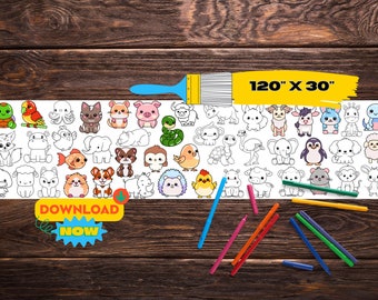 Schattige dieren gigantische kleurbanner | Afdrukbare kleurplaat | Groot activiteitenblad voor kinderen