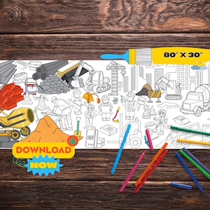 Construction Giant Coloring Banner | Big Printable Coloring Page | Paper Table Runner for Kids