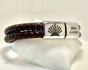 Buen Camino Santiago de Compostella-armband | Handgemaakte rustieke pelgrimspolskleding met schelpaccent van staal