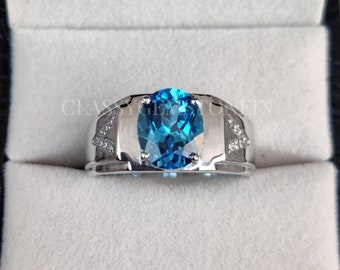 Natural swiss blue topaz 925 sterling silver ring for men. Statement ring, Wedding gift, gift for him.