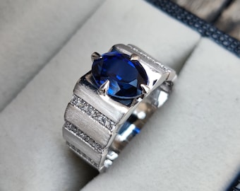 Blue sapphire lab created ring for men 925 sterling silver ring for men. Statement ring, Wedding gift, gift for him.