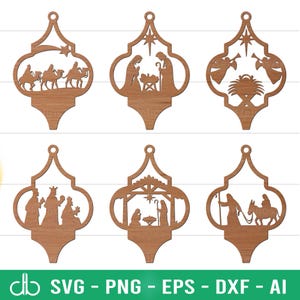 May include: Six different Christmas ornament designs featuring the Nativity scene. Each ornament is a silhouette of a different scene from the Nativity story, including the three wise men, the angel Gabriel, and the baby Jesus in the manger.