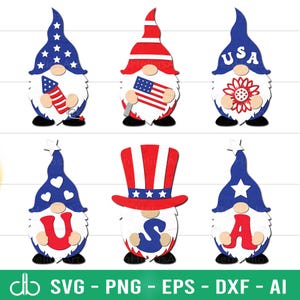Gnomos felices del 4 de julio SVG, Gnomo patriótico SVG, Gnomos patrióticos del Día de la Independencia SVG, Archivo de corte láser de letrero del 4 de julio, Decoración del 4 de julio