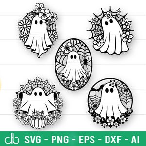 Cute Halloween Ghosts Door Hanger SVG Bundle, Ghost Flowers SVG, Daisy Ghost SVG, Ghost Door Frame Hanger, Halloween Decor, Halloween Sign