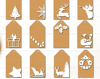 Christmas Gift Tags Bundle SVG, Gift Tags SVG, Christmas Tags SVG, Christmas Pine Snowman Santa Snowflake Candy Cricut Glowforge Laser Cut