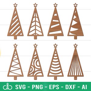May include: Set of eight laser cut wooden Christmas tree ornaments with various geometric patterns. The trees are all the same size and shape, but each has a different design. The designs include stripes, zigzags, circles, and lines.