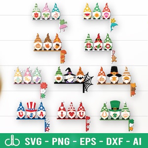 May include: A set of 10 digital cut files featuring gnomes with different themes, including Halloween, Thanksgiving, Christmas, and patriotic themes. The gnomes are depicted standing on shelves with various decorative elements.