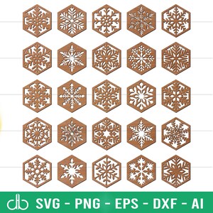 May include: A collection of twenty-seven laser-cut wooden snowflake designs, each set within a hexagonal frame. The snowflakes vary in intricate detail and are displayed against a white background. The bottom of the image displays the text "SVG - PNG - EPS - DXF - AI".