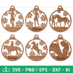 Western Pferd Mädchen Weihnachtskugeln Ornamente SVG, Cowgirl Kugeln SVG, Weihnachten Landmädchen, personalisierte Weihnachten, benutzerdefinierter Name