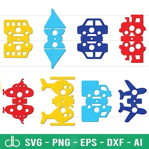 Pode incluir: Um conjunto de oito arquivos de corte SVG coloridos que representam vários veículos, incluindo um ônibus, um carro, um caminhão, um helicóptero, um submarino e um avião. Os arquivos são perfeitos para criar artesanato, decorações e projetos personalizados.