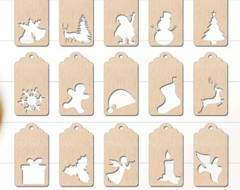 Christmas Tags SVG Bundle, Christmas Gift Tags SVG, Gift Tags SVG, Christmas Bells Reindeer Pine Snowman Santa Hat Snowflake Tags Laser Cut