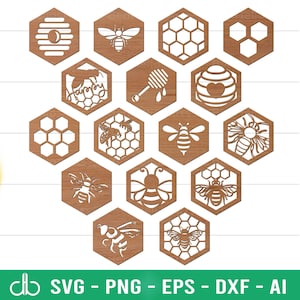 May include: A set of 15 wooden honeybee and honeycomb SVG cut files. The designs feature bees, honeycombs, and honey dippers. The files are perfect for creating crafts, decorations, and more.